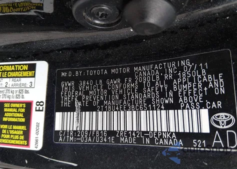 2011 Toyota Corolla Le из США, поврежденный, VIN 2T1BU4EE3BC651124